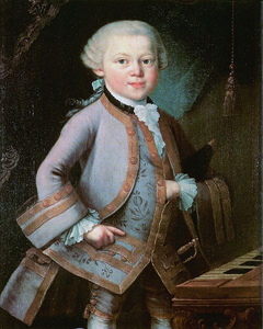 Portrait of Mozart standing near a piano.